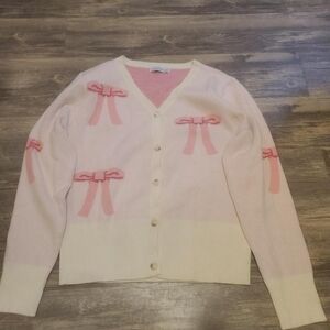 Elegant Pink and Cream Bow Cardigan